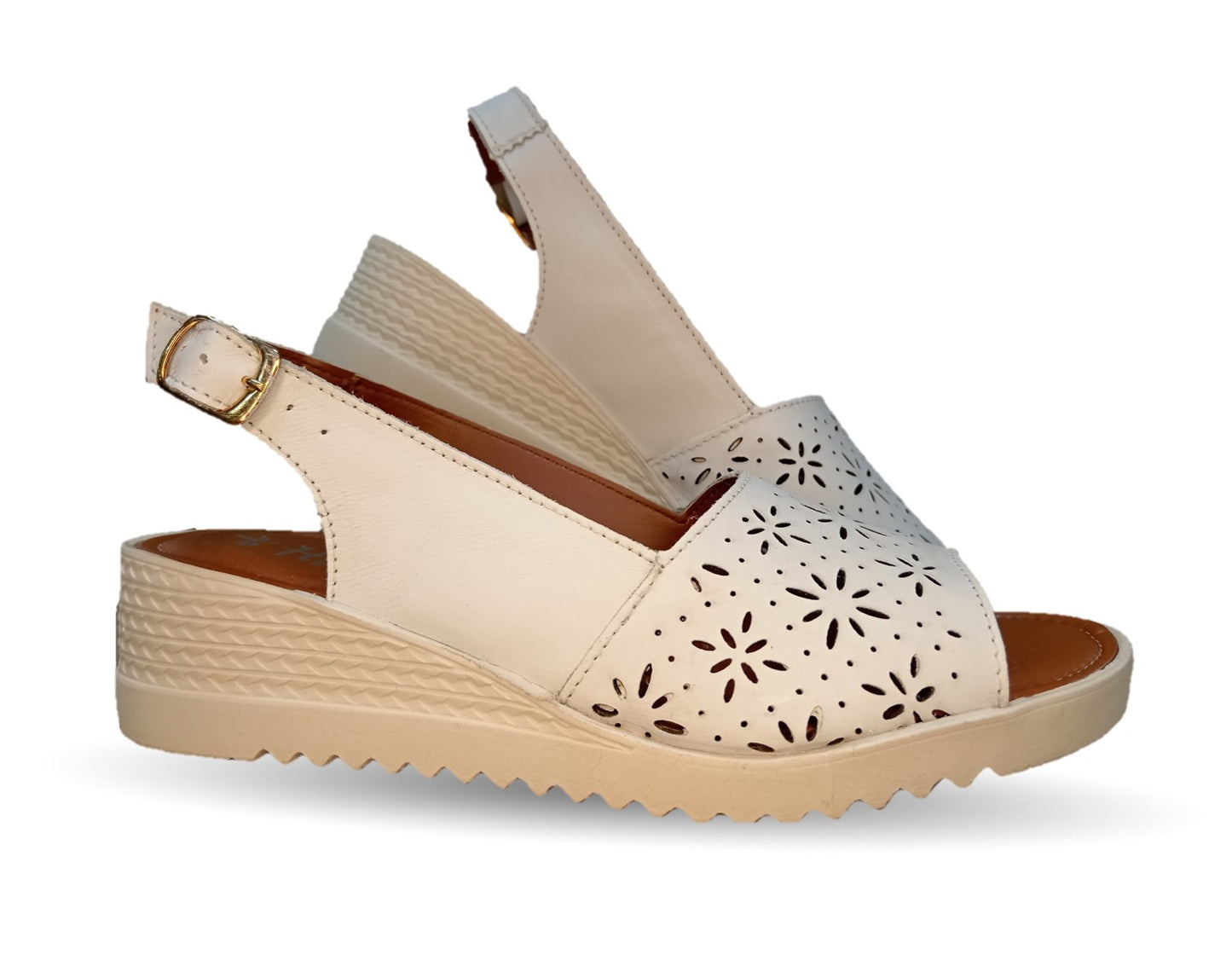 Sandalia de piel con cuña baja Hannia 117 Blanco para mujer