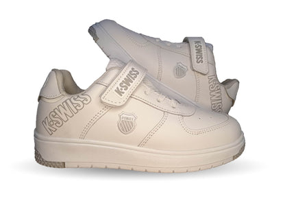 Tenis Urbano y Escolar de piel con agujetas y contactel K Swiss 11 Blanco/Blanco Unisex para niño y niña