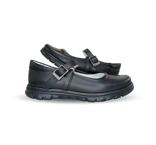 Zapato Escolar y Casual de piel con hebilla Mujer Bonita 1530 Negro para niña y mujer