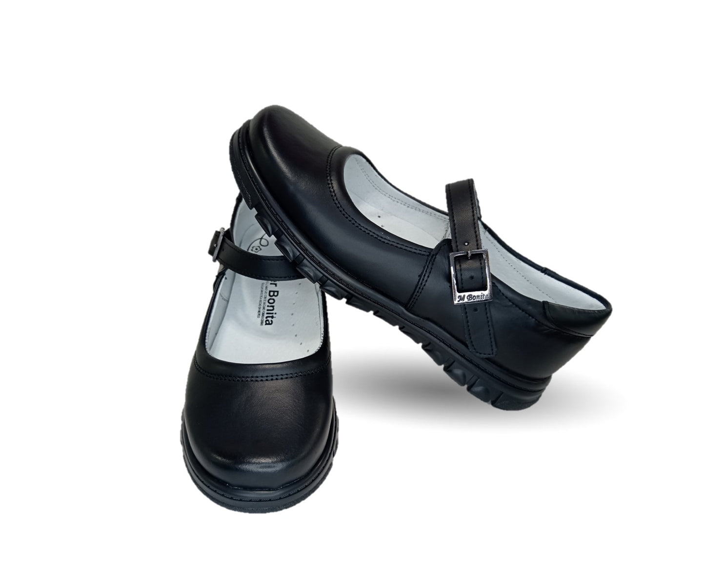 Zapato Escolar y Casual de piel con hebilla Mujer Bonita 1530 Negro para niña y mujer