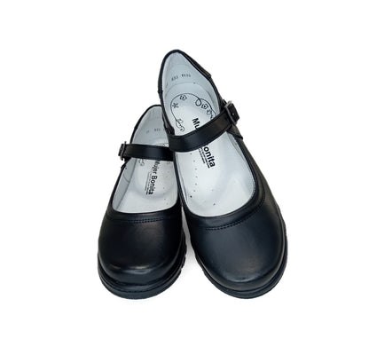 Zapato Escolar y Casual de piel con hebilla Mujer Bonita 1530 Negro para niña y mujer