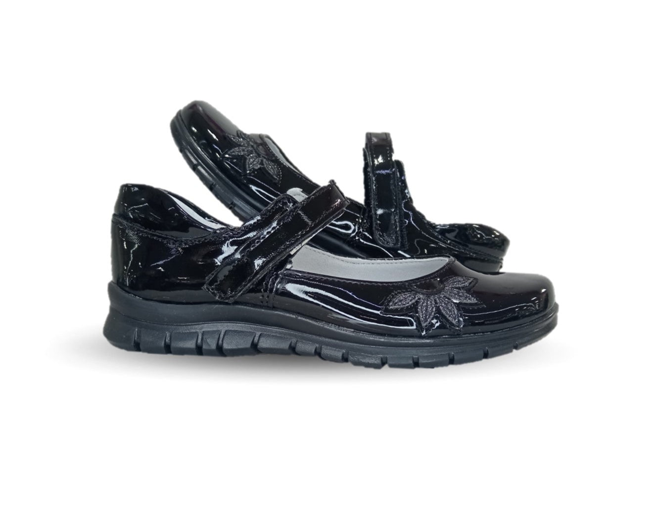 Zapato Escolar y Casual de piel con contactel Yuyin 20241 Charol Negro para niña