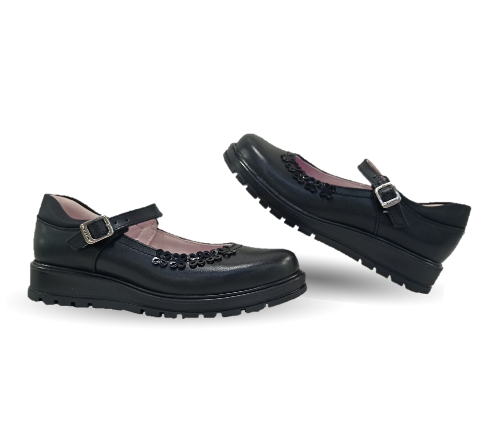 Zapato Escolar y Casual de piel con hebilla Yuyin 26370 Negro para niña