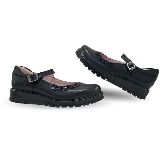 Zapato Escolar y Casual de piel con hebilla Yuyin 26370 Negro para niña
