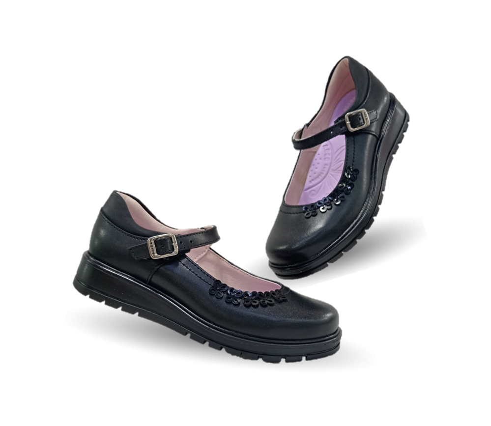 Zapato Escolar y Casual de piel con hebilla Yuyin 26370 Negro para niña