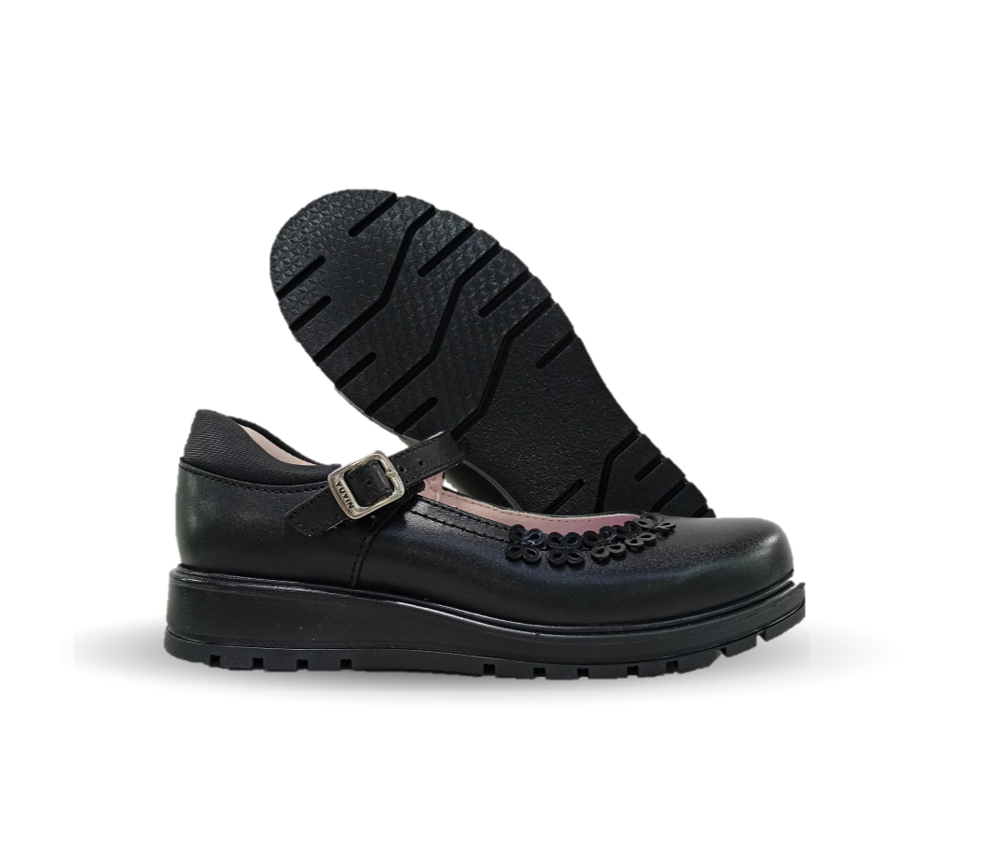 Zapato Escolar y Casual de piel con hebilla Yuyin 26370 Negro para niña