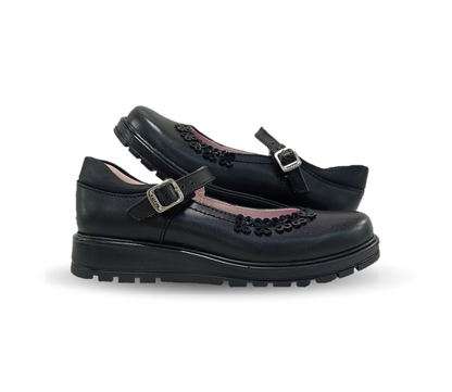 Zapato Escolar y Casual de piel con hebilla Yuyin 26370 Negro para niña
