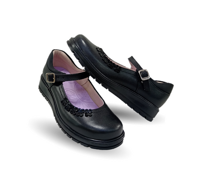 Zapato Escolar y Casual de piel con hebilla Yuyin 26370 Negro para niña