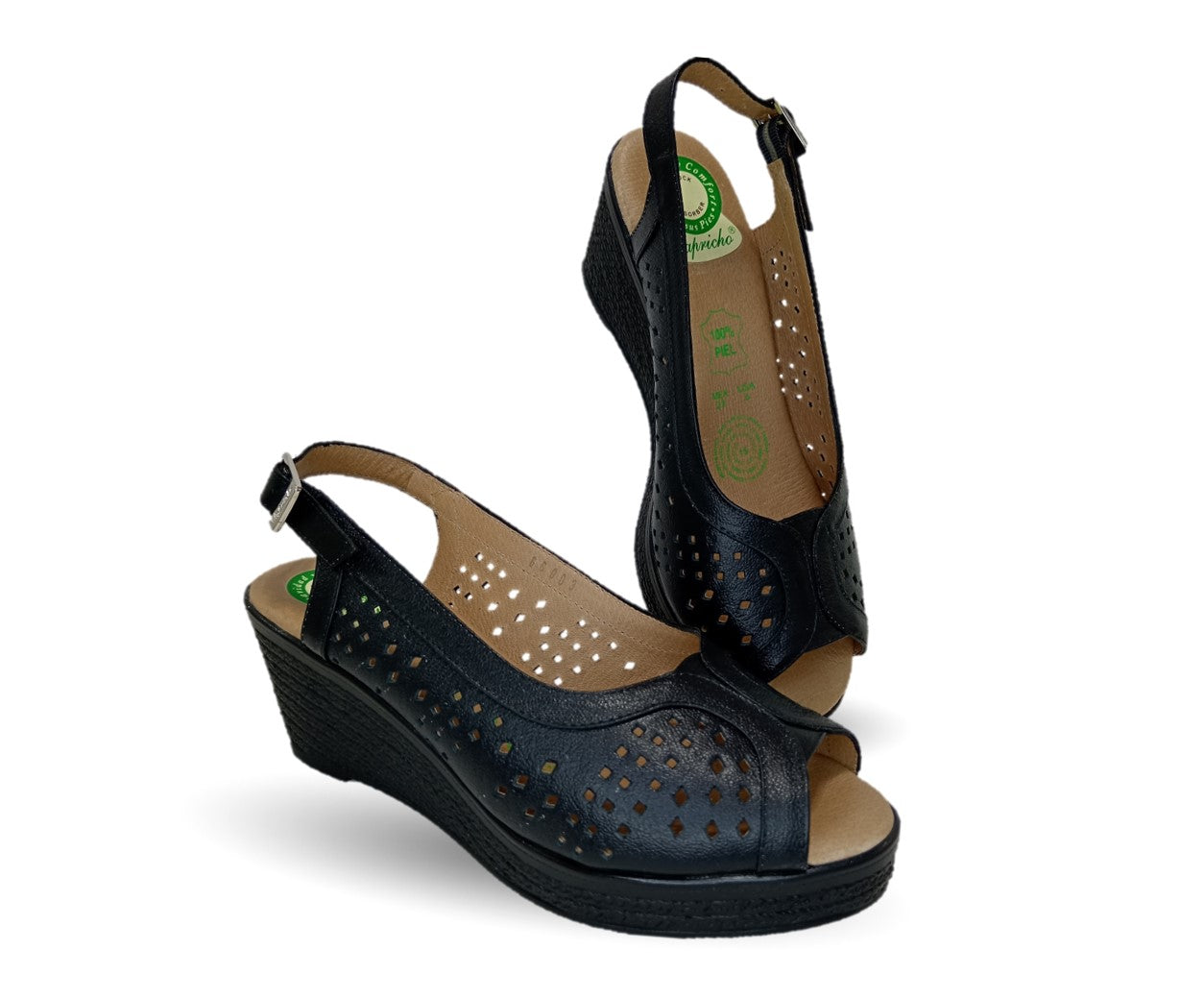 Sandalia de Confort de piel de ternera con Shock Point Capricho 66003 Negro para mujer