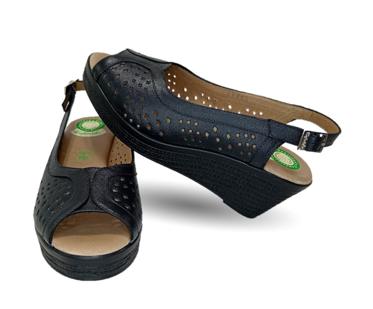 Sandalia de Confort de piel de ternera con Shock Point Capricho 66003 Negro para mujer