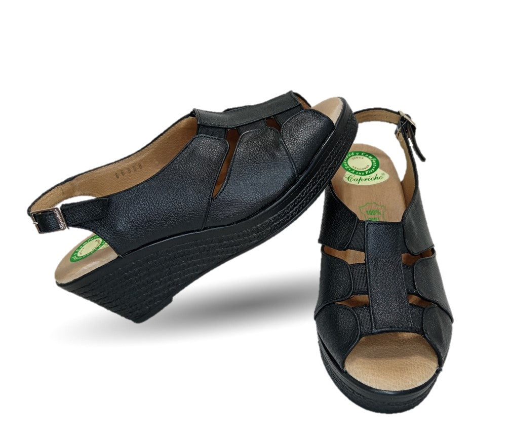 Sandalia de Confort de piel de ternera con Shock Point Capricho 66008 Negro para mujer