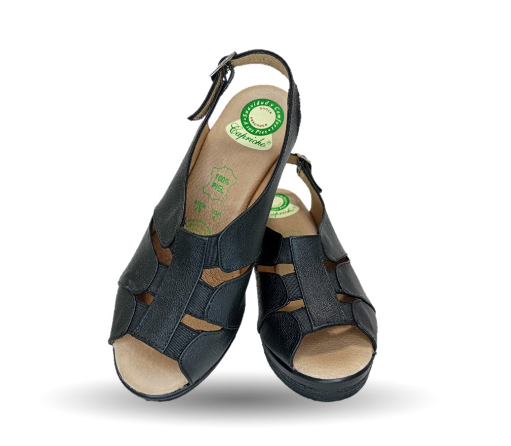 Sandalia de Confort de piel de ternera con Shock Point Capricho 66008 Negro para mujer