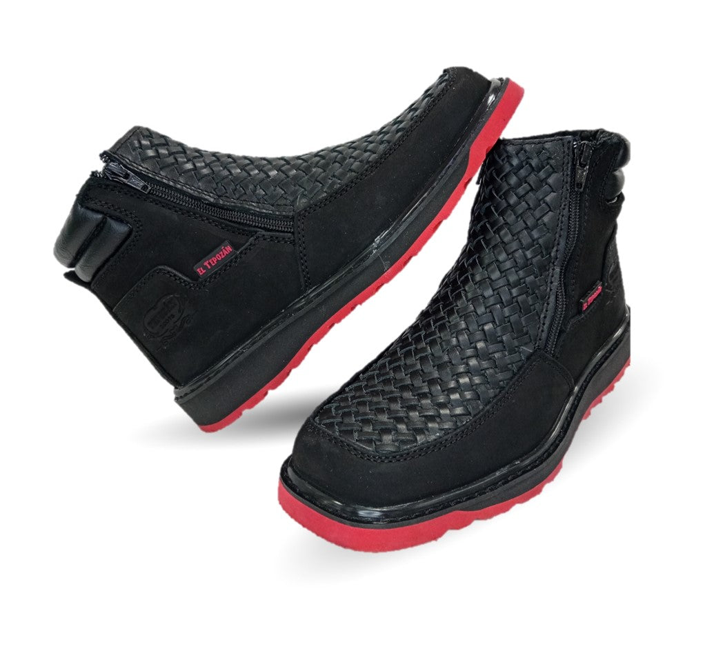 Bota de piel con doble cierre Tepozán 951 Negro/Rojo para hombre