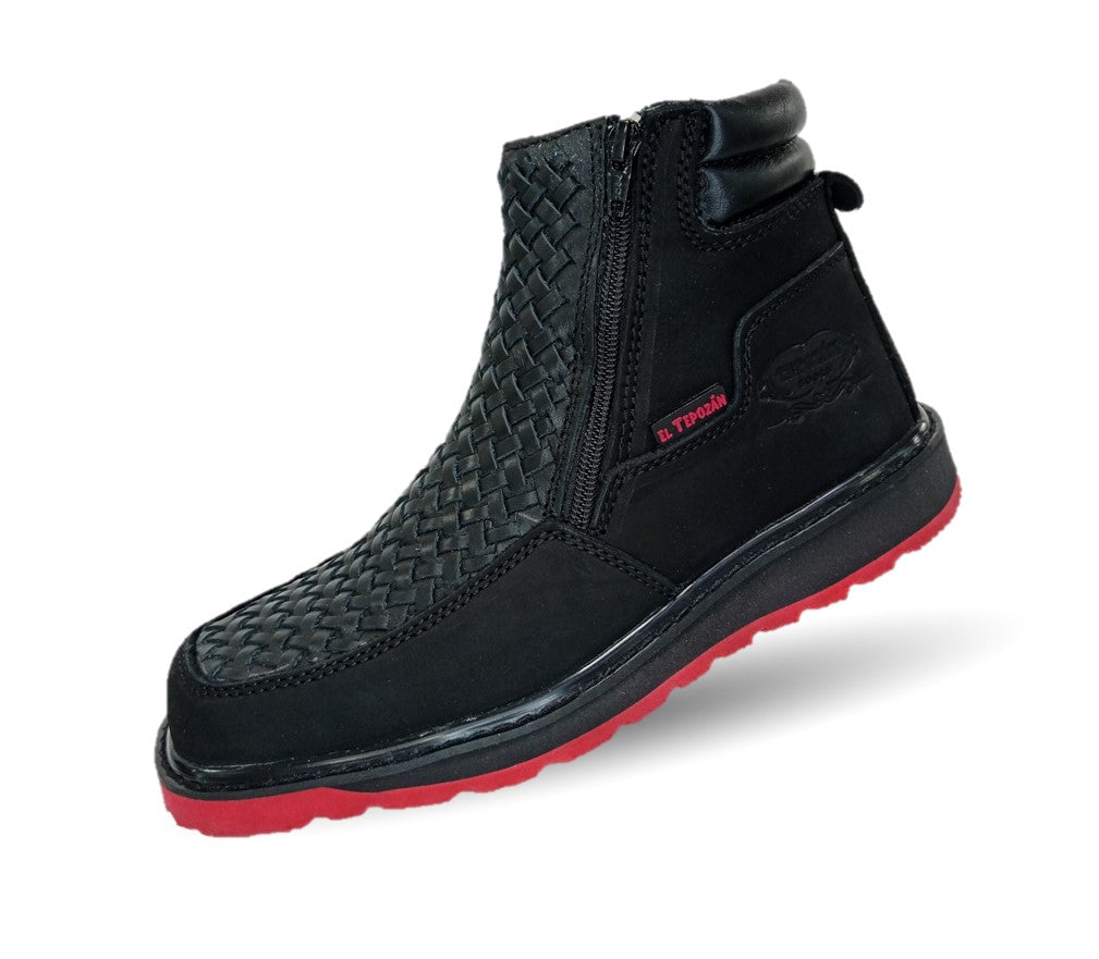 Bota de piel con doble cierre Tepozán 951 Negro/Rojo para hombre