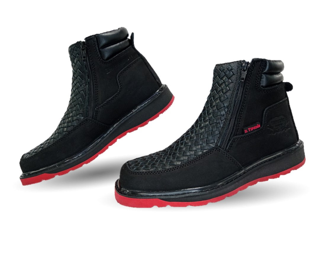 Bota de piel con doble cierre Tepozán 951 Negro/Rojo para hombre