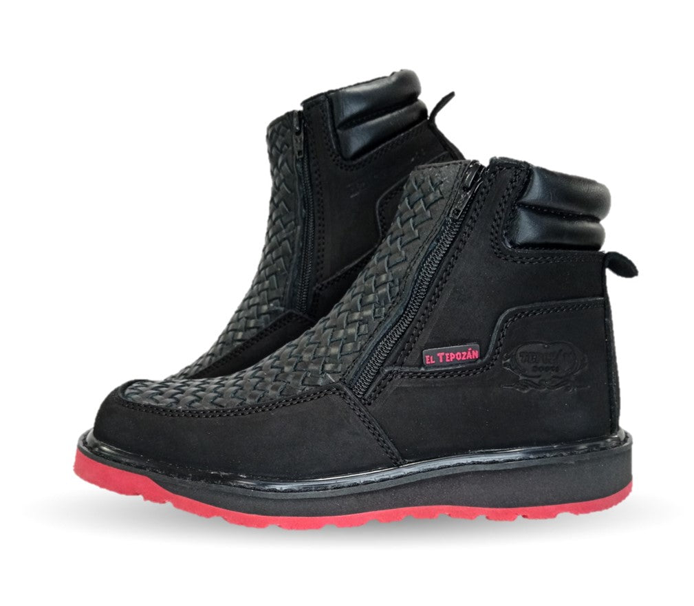Bota de piel con doble cierre Tepozán 951 Negro/Rojo para hombre