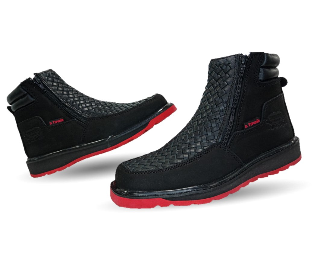 Bota de piel con doble cierre Tepozán 951 Negro/Rojo para hombre