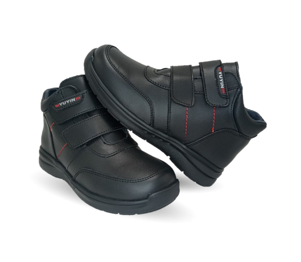 Zapato tipo Bota escolar y casual de piel con contactel Yuyin 24352 Negro para niño