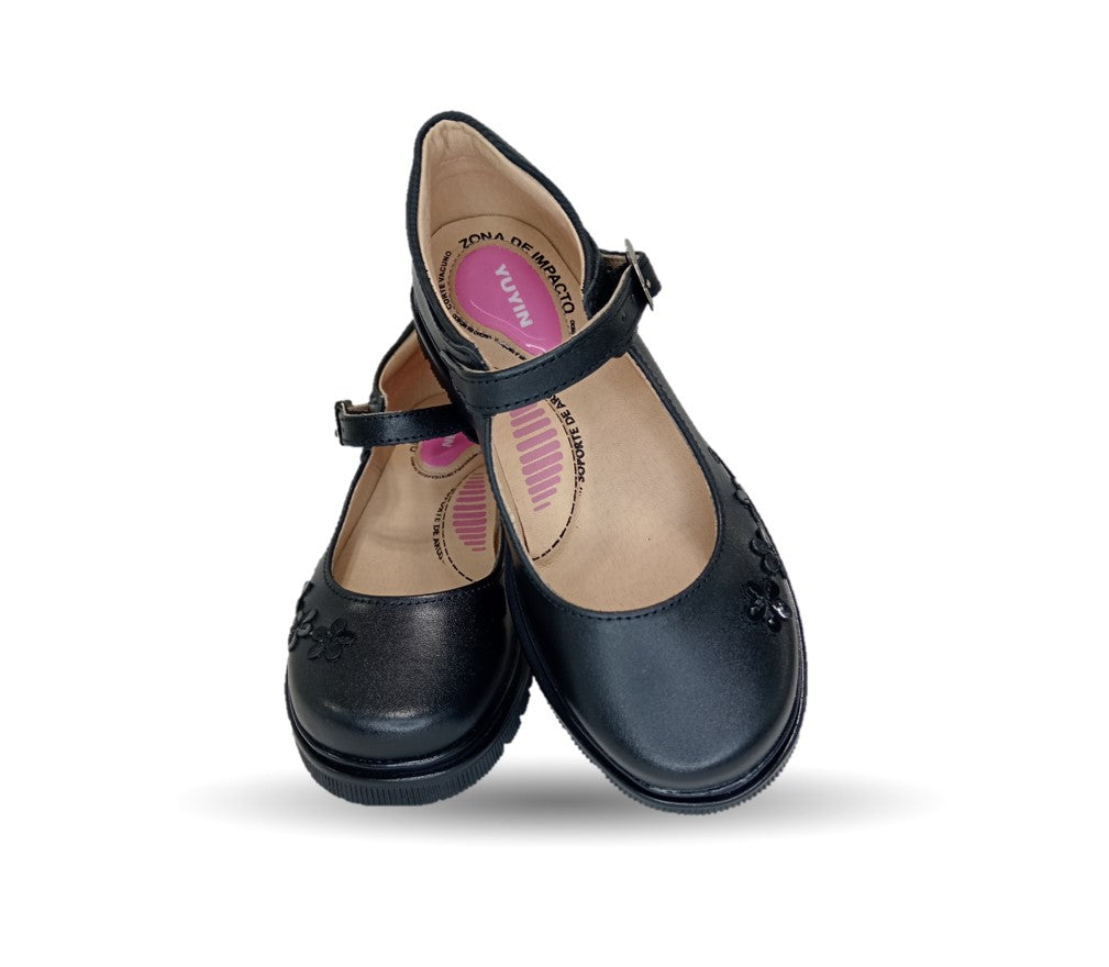 Zapato escolar de piel con hebilla Yuyin 24385 Negro para niña