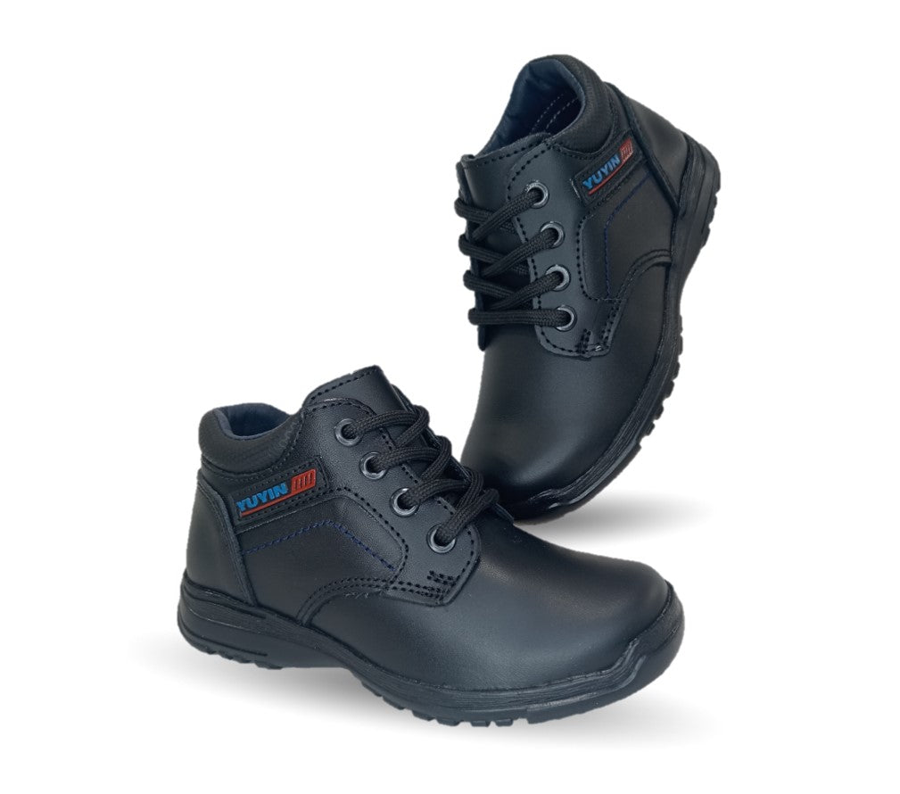 Zapato tipo Bota escolar y casual de piel con agujeta Yuyin 29151 Negro para niño